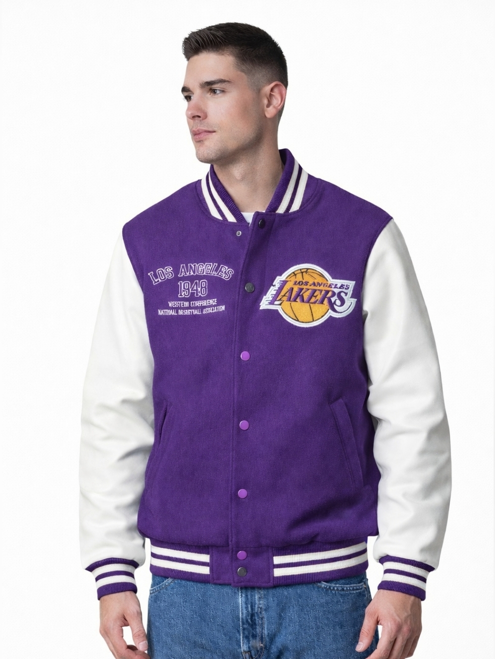 L.A. Lakers Varsity Jacket NWT Purple Cream Snap Button NBA Heritage 1948 Large